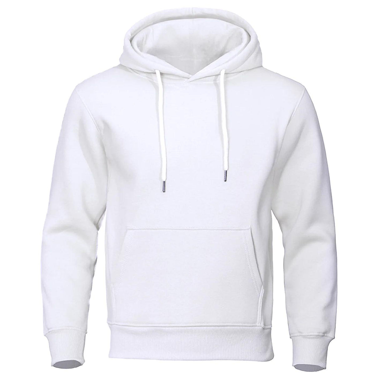 Weißer Kapuzenpullover mit weißen Kordeln und aufgesetzter Bauchtasche in der Vorderansicht 3
