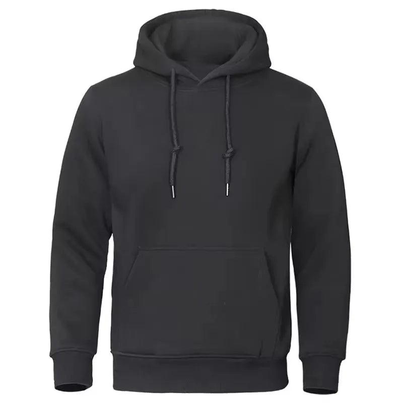 Schwarzer Kapuzenpullover mit verknoteten Kordeln, Känguru-Tasche und Rippbündchen von vorne 4