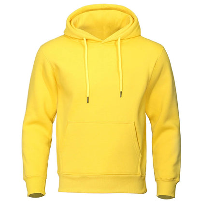 Gelber Kapuzenpullover mit gelben Kordeln, Bauchtasche und gerippten Bündchen von vorne 6