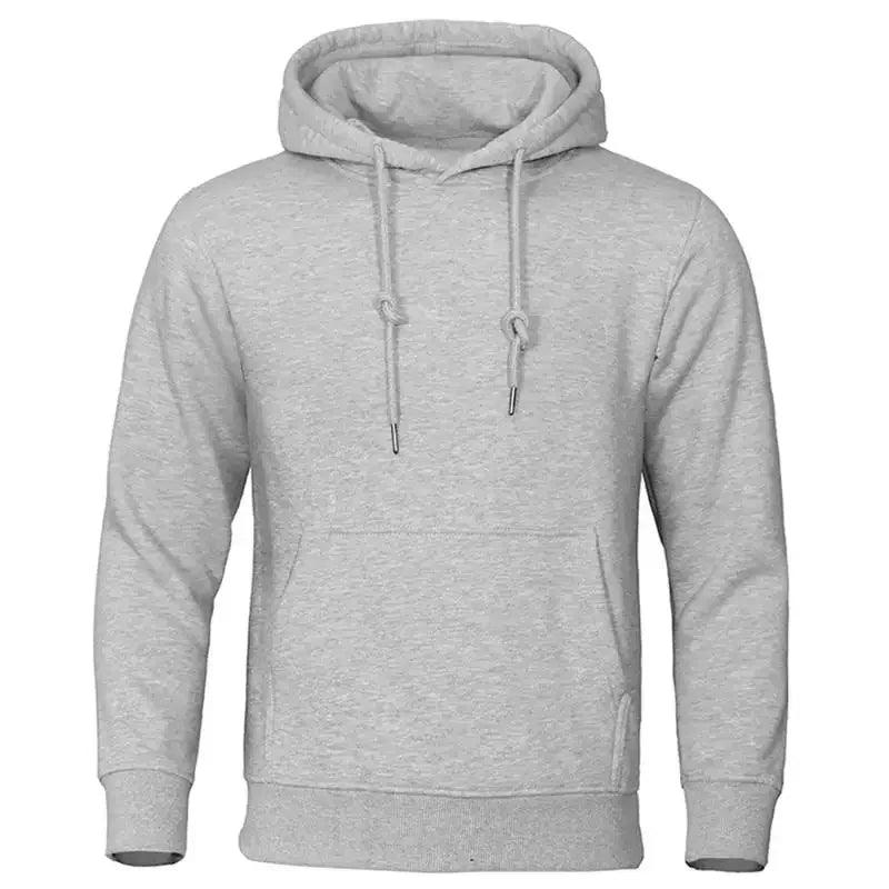 Hellgrau melierter Kapuzenpullover mit verknoteten Kordeln und Bauchtasche in der Vorderansicht 7
