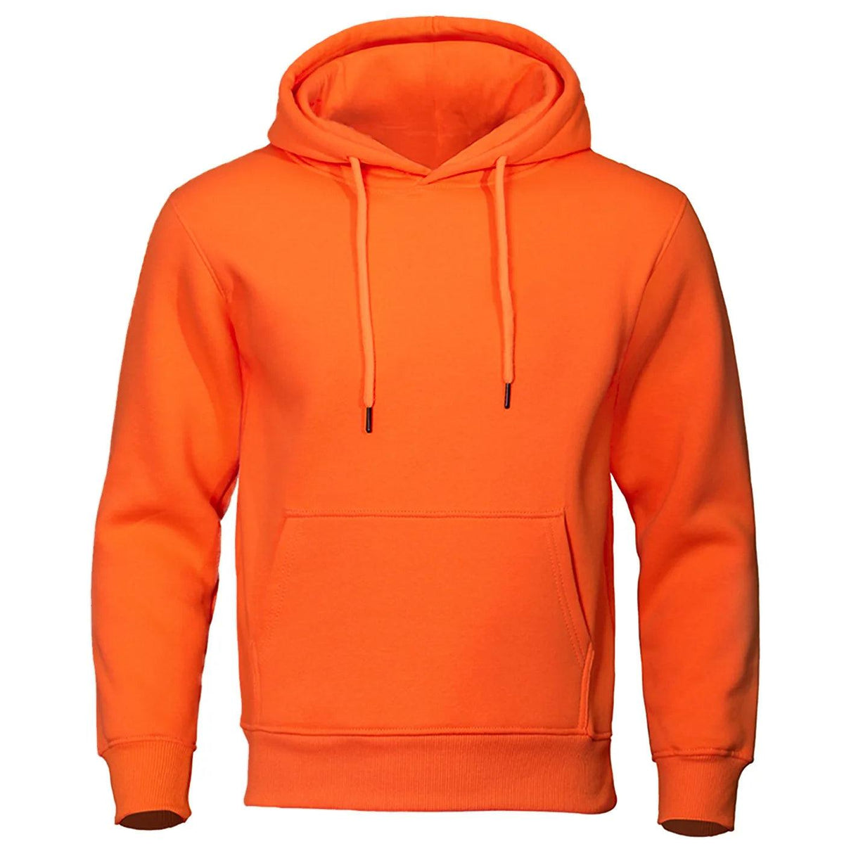 Leuchtend orangefarbener Kapuzenpullover mit Kordel, Känguru-Tasche und Rippbündchen von vorne 8