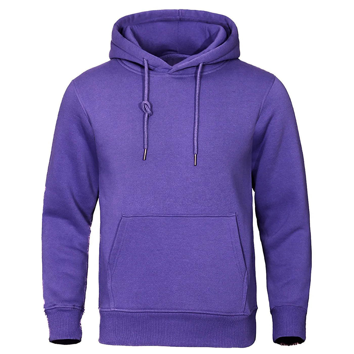 Violetter Kapuzenpullover mit einseitig verknoteter Kordel und großer Bauchtasche in der Frontansicht 9