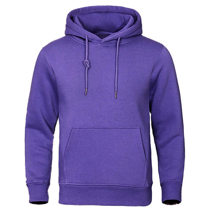 Violetter Kapuzenpullover mit einseitig verknoteter Kordel und großer Bauchtasche in der Frontansicht 9
