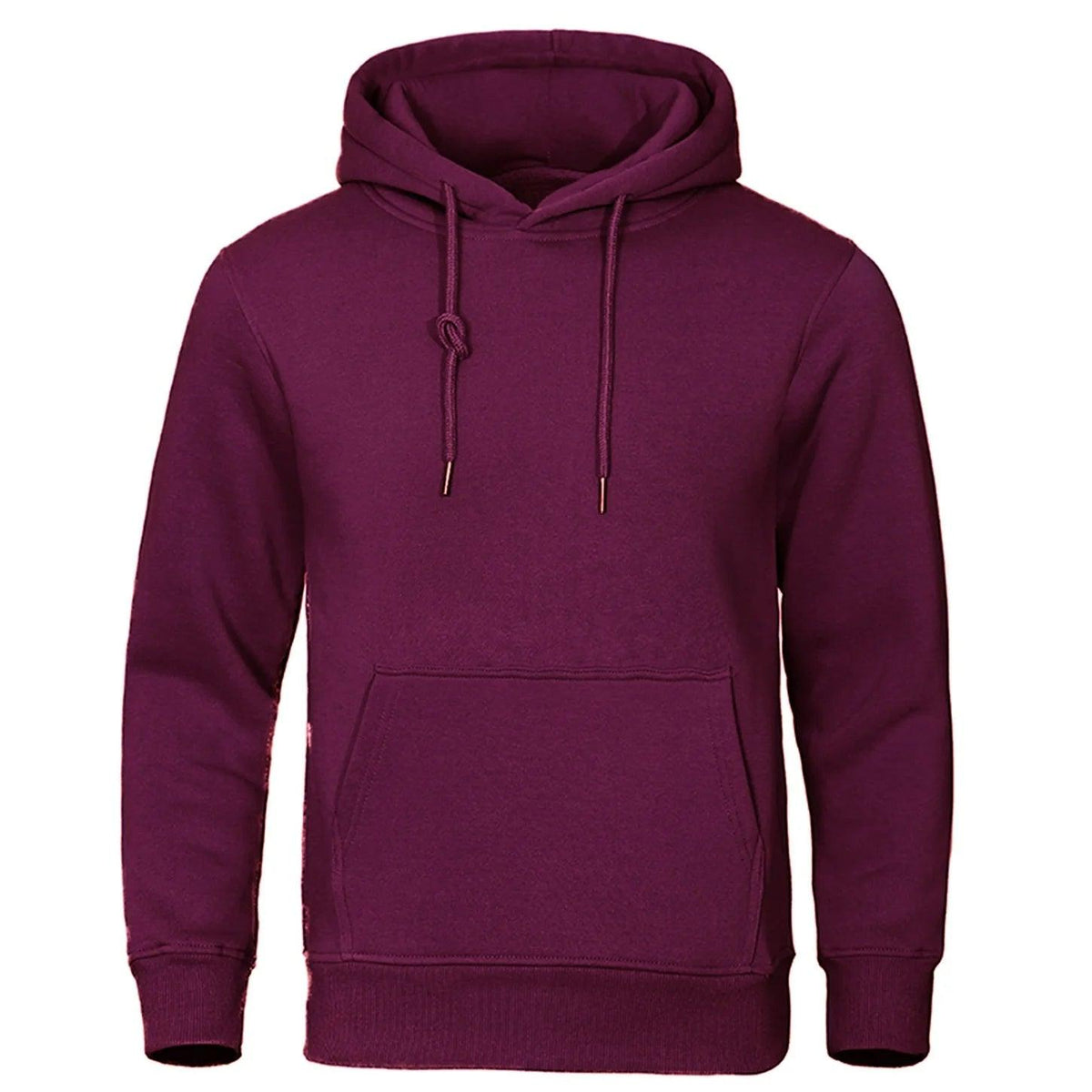 Weinroter Kapuzenpullover mit verknoteter Kordel, Bauchtasche und gerippten Bündchen von vorne 10
