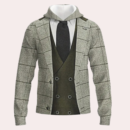 Grauer Kapuzenpullover im Anzug-Design, kariert, mit Krawatte, Herrenmode, elegant und modern.