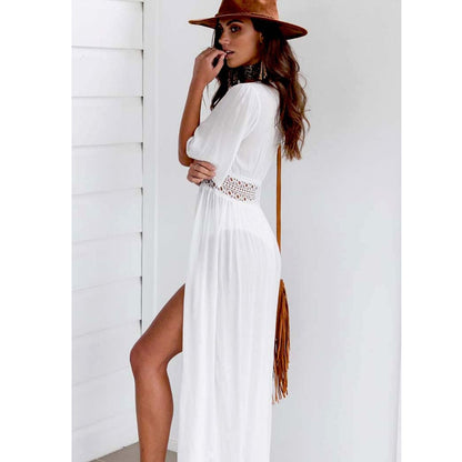 Langes Strandkleid mit Spitzen-Details und Schleifenverschluss – Elara