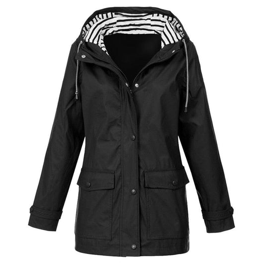 Schwarze Damen-Regenjacke mit Kapuze, gestreiftes Innenfutter, wasserabweisend, Outdoor-Bekleidung.