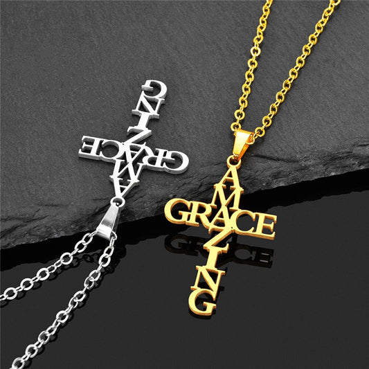 Goldenes und silbernes Kreuzkette "Amazing Grace" aus Edelstahl, modisches Schmuckdesign.