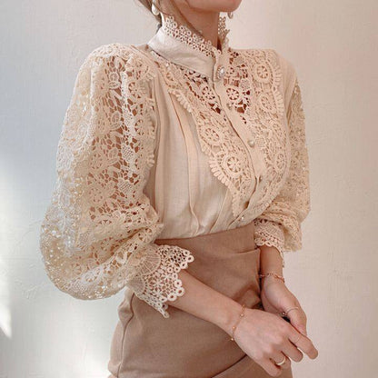 Damenbluse aus Spitze, cremefarben, Vintage-Stil, elegante Mode, langärmlig, Stehkragen.