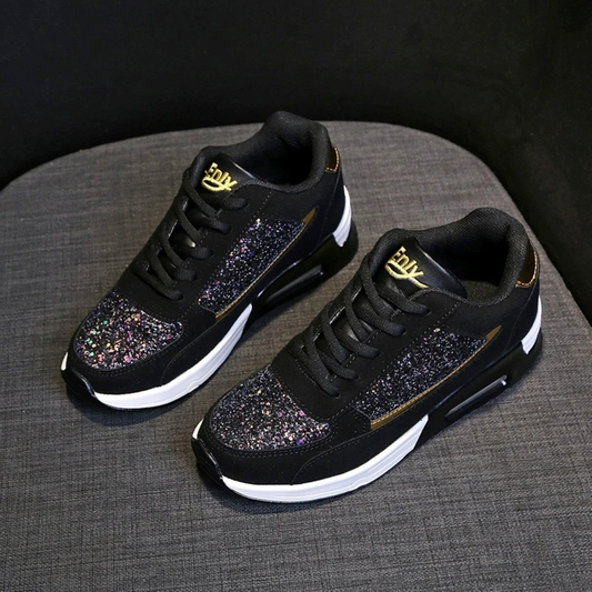 Schwarze Damen-Sneaker, glitzernd, orthopädisch, leicht, runde Zehen, High-Top-Design.