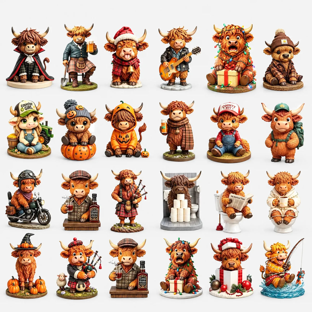 Übersicht aller 24 Hochlandkuh-Figuren vor weißem Hintergrund, jede in anderem Outfit, etwa mit Dudelsack, Gitarre, Kürbis oder Weihnachtsmütze. 2