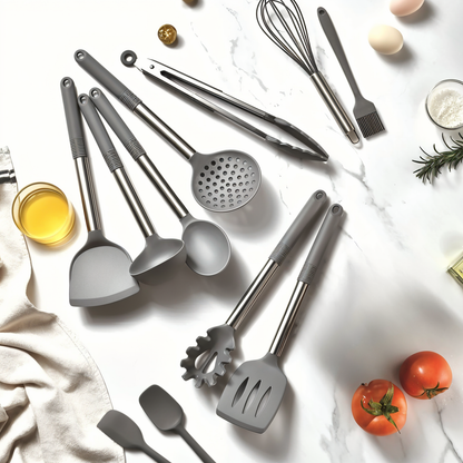 Graue Silikon-Küchenutensilien-Set auf Marmor, inklusive Löffel, Schneebesen, Zange, ideal Kochen.