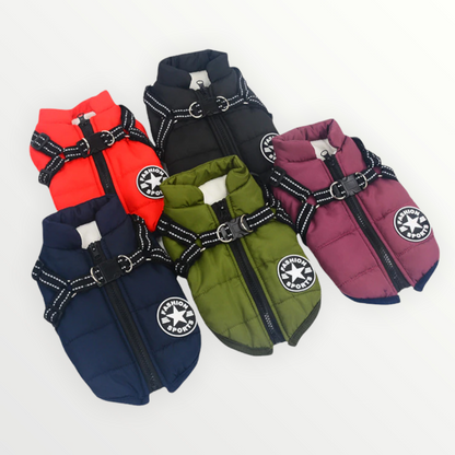 Fünf Jacken in Rot, Schwarz, Violett, Marineblau und Grün liegen nebeneinander, jeweils mit Reißverschluss und reflektierendem Geschirr. 4
