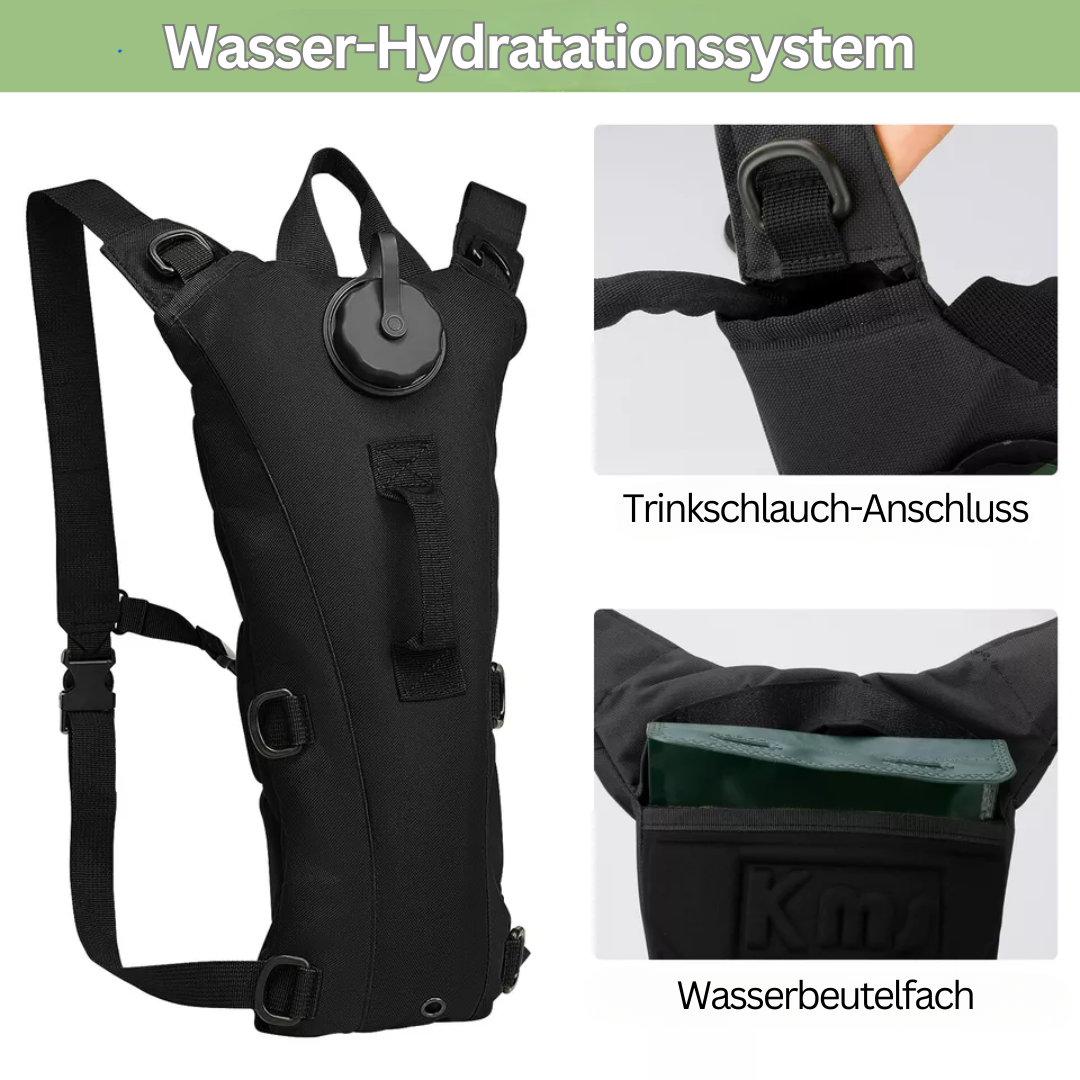 Schwarzes Wasser-Hydrationssystem mit Trinkschlauch-Anschluss und Wasserbeutelfach.