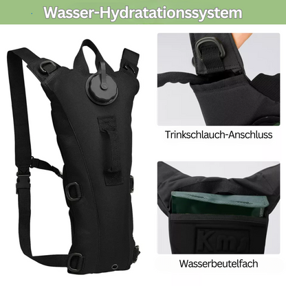 Schwarzes Wasser-Hydrationssystem mit Trinkschlauch-Anschluss und Wasserbeutelfach.
