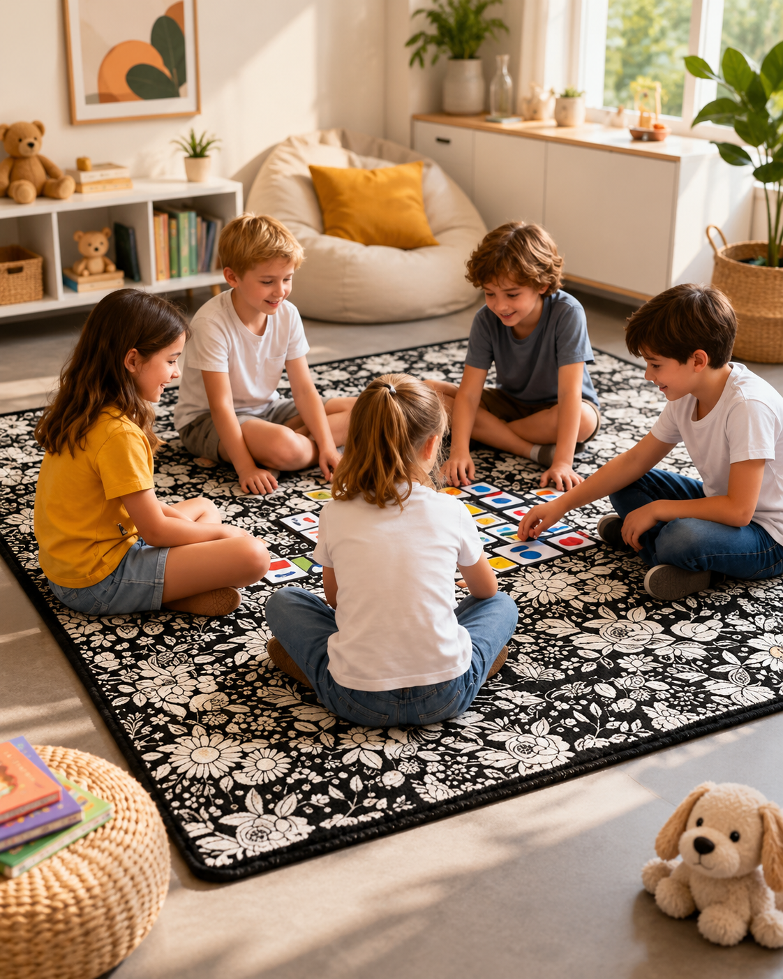 Fünf Kinder sitzen auf der Decke mit weißem Blumenmuster auf schwarzem Grund und spielen ein Kartenspiel 4