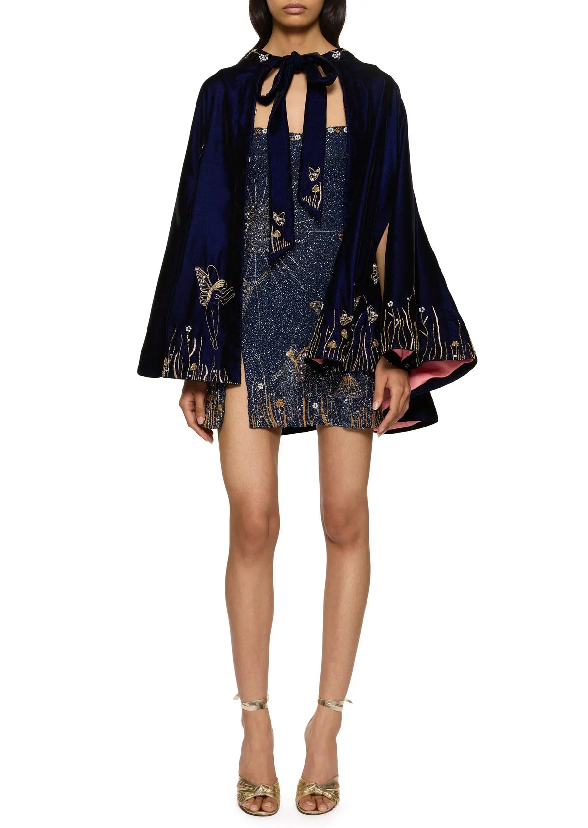 Das Kleid kombiniert mit einem marineblauen Samtcape mit Schleife am Hals, goldener Stickerei und rosa Futter 9