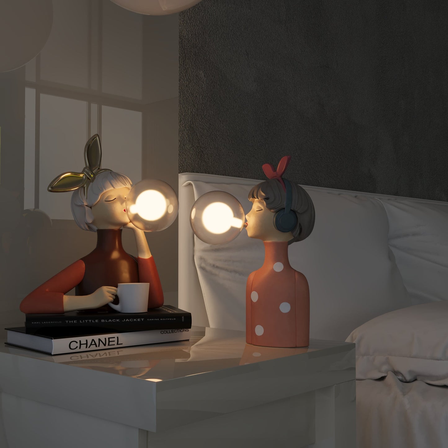 Zwei dekorative Tischlampen in Form von Figuren mit Leuchtkugeln, modern, stilvoll, Wohnzimmer.