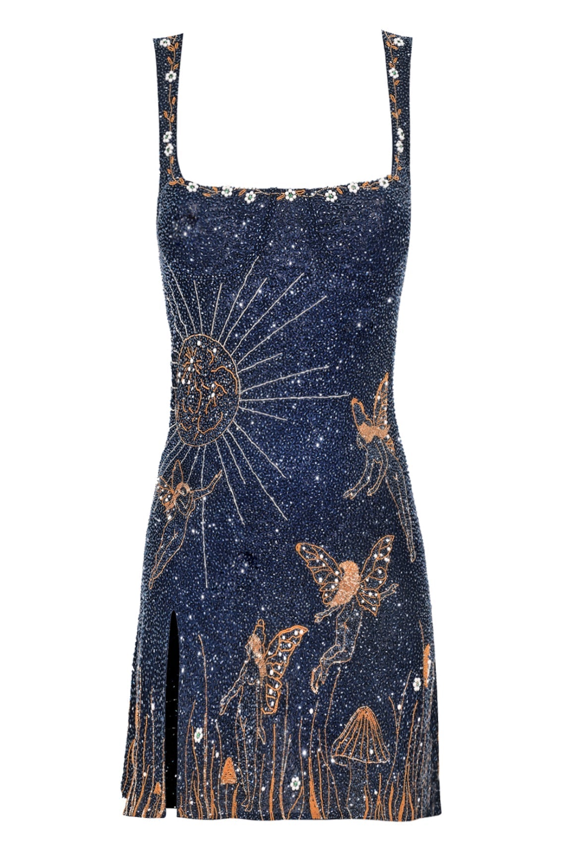 Das Kleid frei ausgestellt ohne Model, mit Blumenborte an Trägern und Ausschnitt sowie Sonne und Feen 5