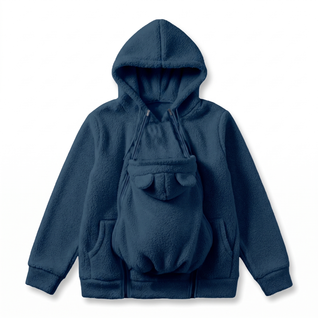 Marineblauer Sherpa-Hoodie als Flat Lay mit eingesetztem Babytrageeinsatz, Bärenöhrchen, Doppelreißverschlüssen und Seitentaschen. 10