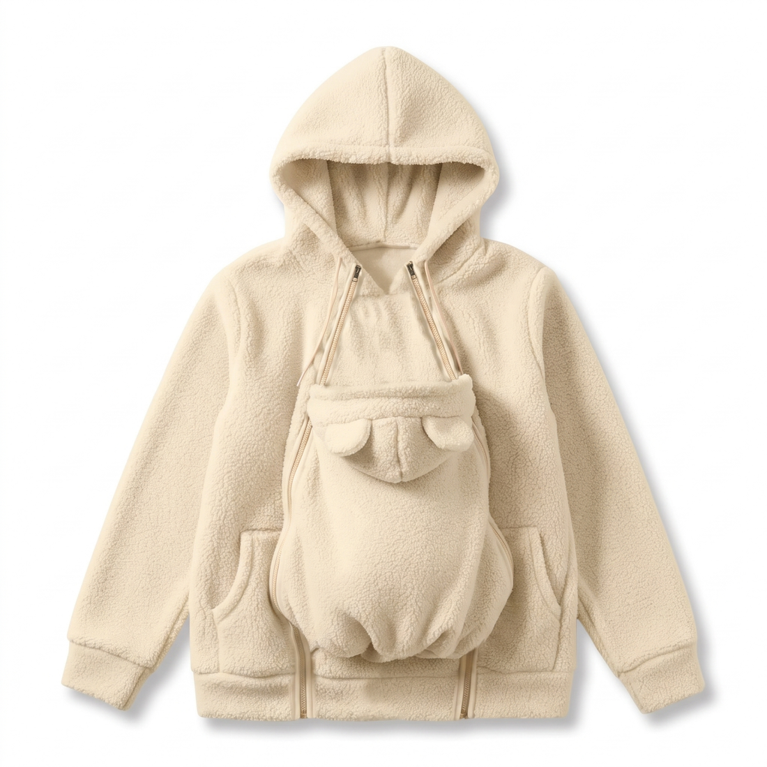 Cremefarbener Sherpa-Hoodie als Flat Lay mit eingesetztem Babytrageeinsatz, Bärenöhrchen, Doppelreißverschlüssen und Seitentaschen. 11