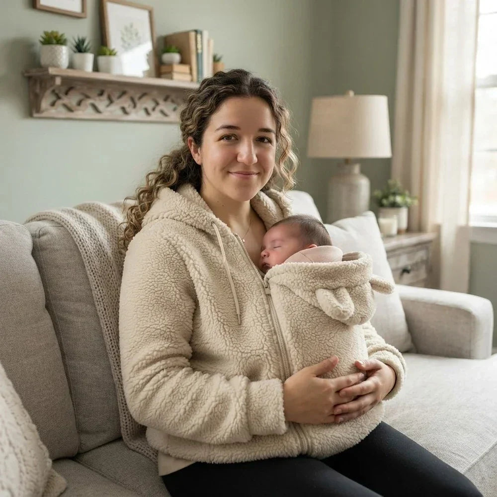 Frau im beigen Sherpa-Hoodie sitzt auf einem Sofa und hält ihr schlafendes Baby im Einsatz mit Bärenöhrchen. 7