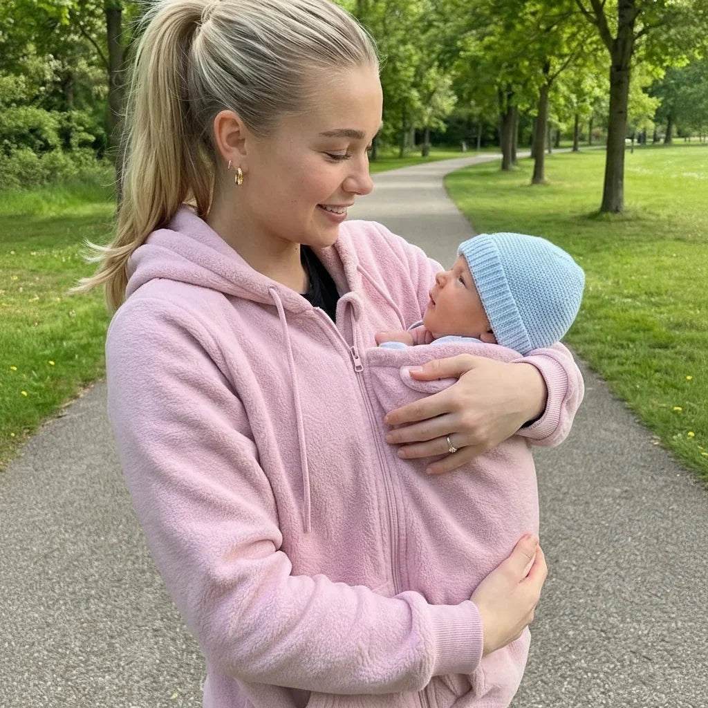 Frau mit Pferdeschwanz im rosa Fleece-Hoodie trägt ihr Baby mit blauer Mütze im Einsatz, auf einem Parkweg. 4