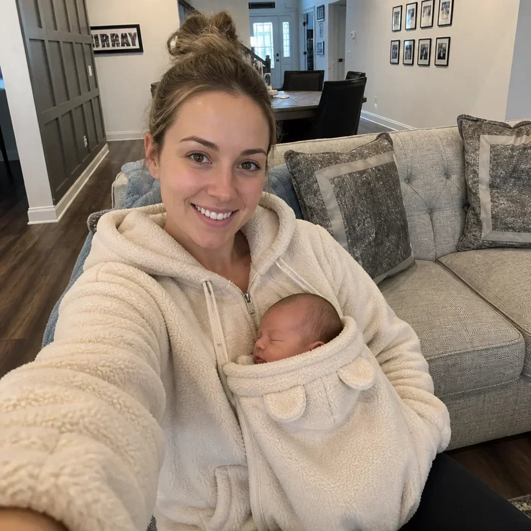 Lächelnde Frau im cremefarbenen Sherpa-Hoodie auf dem Sofa, ihr Neugeborenes liegt schlafend im Trageeinsatz. 3