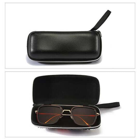 Schwarzes Reißverschluss-Etui mit Handschlaufe, geschlossen und geöffnet, darin eine Sonnenbrille mit Doppelsteg 9