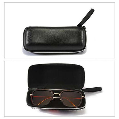 Schwarzes Reißverschluss-Etui mit Handschlaufe, geschlossen und geöffnet, darin eine Sonnenbrille mit Doppelsteg 9