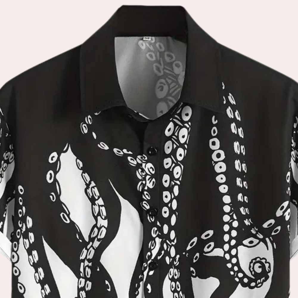 Schwarzes Hemd mit weißem Oktopus-Design, kurzärmelig, Baumwolle, modisch, Herrenmode.