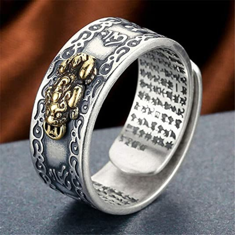 Silberner Pixiu-Ring mit Gravur, verstellbar, chinesisches Design, Glücksbringer, Herrenring.