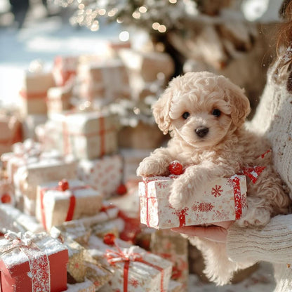 Cremefarbener Lockenwelpe stützt sich auf ein Geschenk mit Schneeflocken, im Hintergrund ein Stapel verpackter Weihnachtsgeschenke. 7