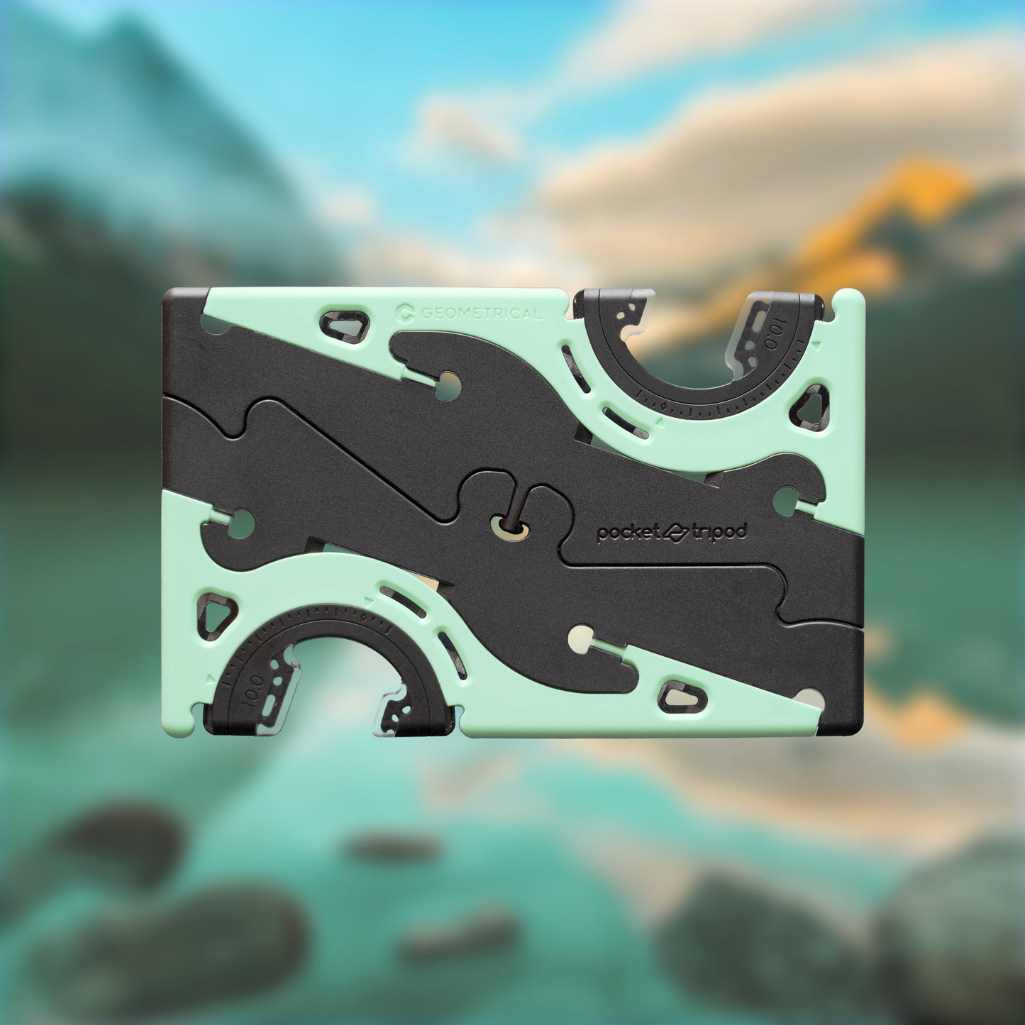 Taschenstativ Pro in Mintgrün und Schwarz, kompakt, faltbar, ideal für Smartphone-Fotografie.