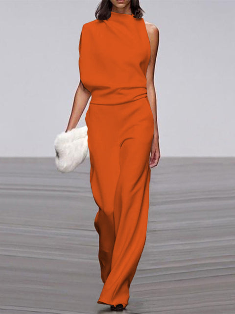Damen Jumpsuit Orange, ärmellos, Rundhals, weite Beine, elegant, Sommermode, Büro-Look.