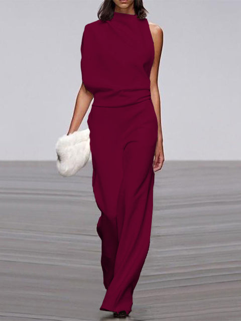 Damen Jumpsuit, ärmellos, weinrot, elegantes Design, Sommermode, Büro, weiter Bein-Schnitt.