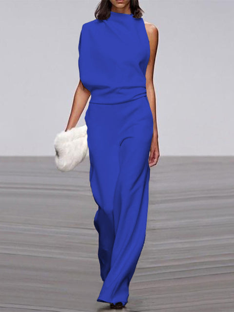 Damen Jumpsuit Blau ärmellos, Rundhals, weite Beine, elegant, Sommermode, Büro-Outfit.