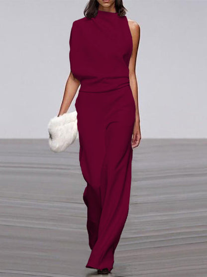 Damen Jumpsuit, ärmellos, weinrot, elegantes Design, Sommermode, Büro, weiter Beinabschluss.