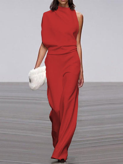 Damen Jumpsuit rot ärmellos, eleganter Einteiler, Sommermode, Büro, weiter Bein, Rundhals.