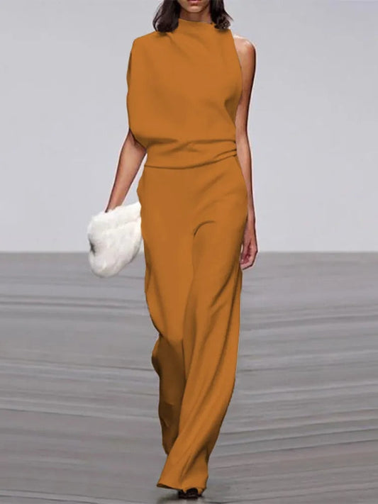 Damen Jumpsuit, ärmellos, Rundhals, weite Beine, elegant, Sommermode, senfgelb.
