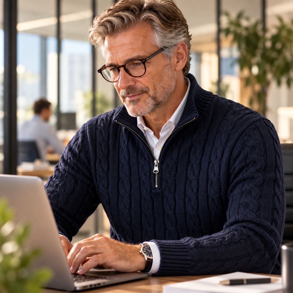 Mann mit Brille arbeitet am Laptop im Büro und trägt dunkelblauen Zopfstrick-Pullover mit Reißverschluss über weißem Hemd. 7