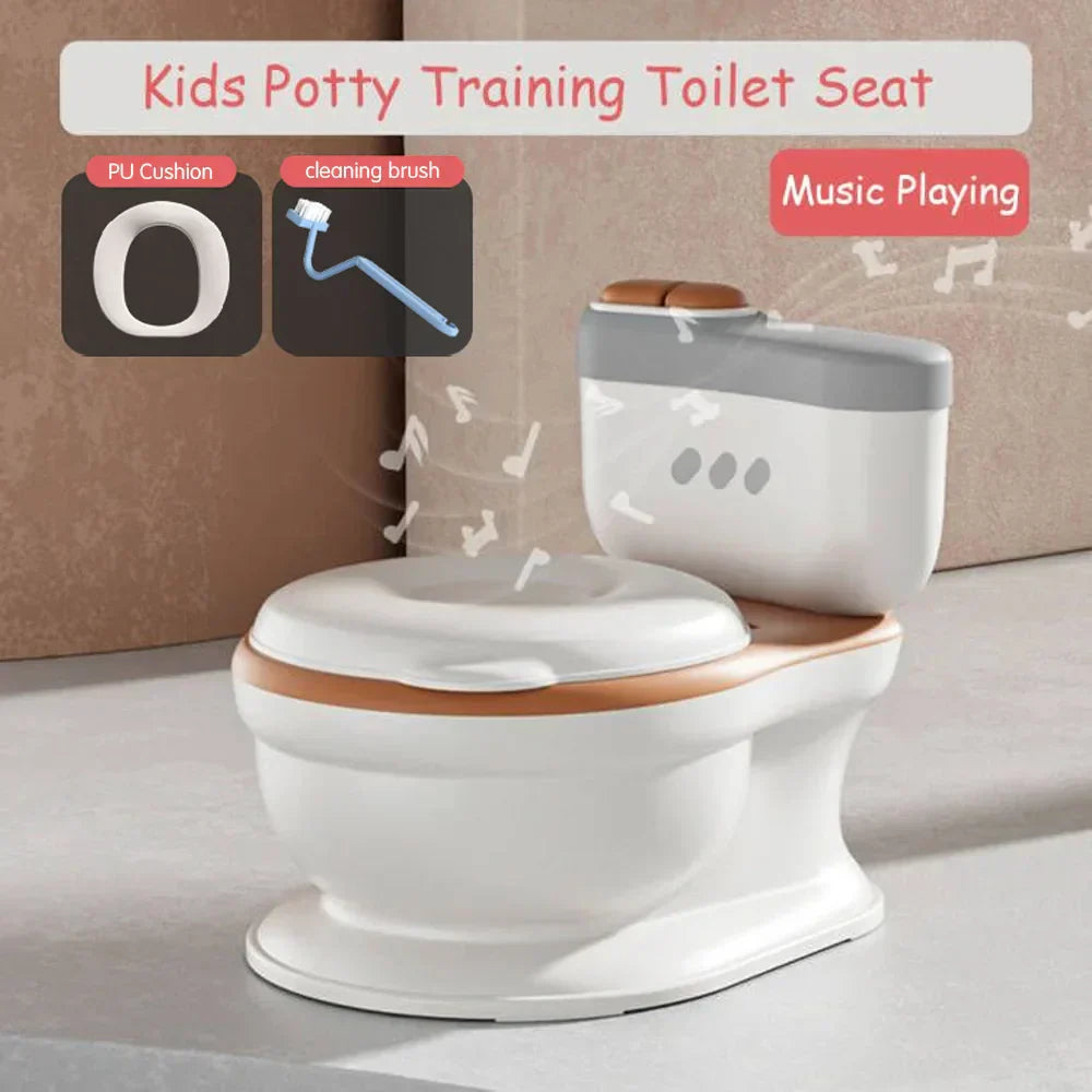 Kinder-Töpfchentrainer mit weichem PU-Sitz, Musikfunktion, weiß, realistisch, WC-Design.