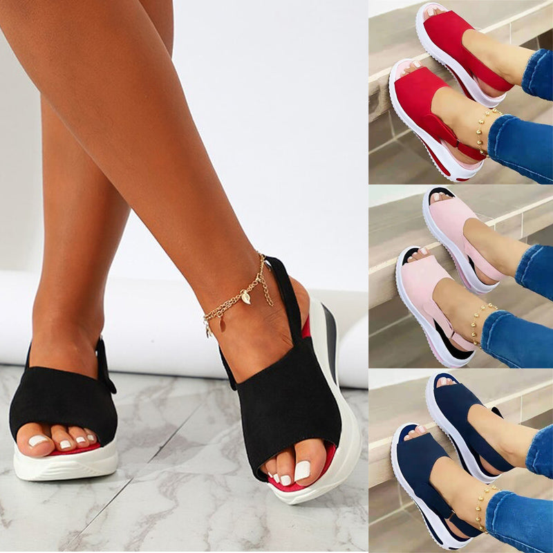 Schwarze Strick-Sandalen mit Keilabsatz, Damenmode, bequem, Sommer, verschiedene Farben.