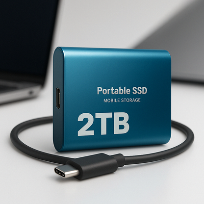 Blaue tragbare SSD mit aufgerolltem USB-C-Kabel auf einem hellen Schreibtisch, im unscharfen Hintergrund ein Laptop. 2