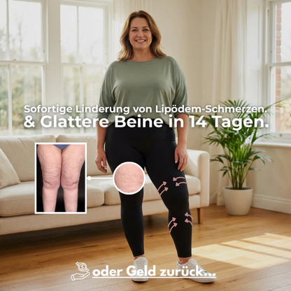 Lächelndes Model in schwarzen Leggings und grünem Shirt im Wohnzimmer, kleines Vergleichsfoto der Beine und rosa Pfeile am Bein. 17