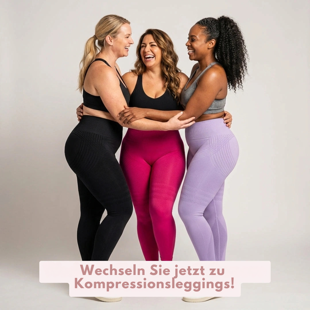Drei lachende Frauen im Arm in schwarzen, pinken und lilafarbenen Leggings mit Sport-BHs vor hellem Hintergrund. 20