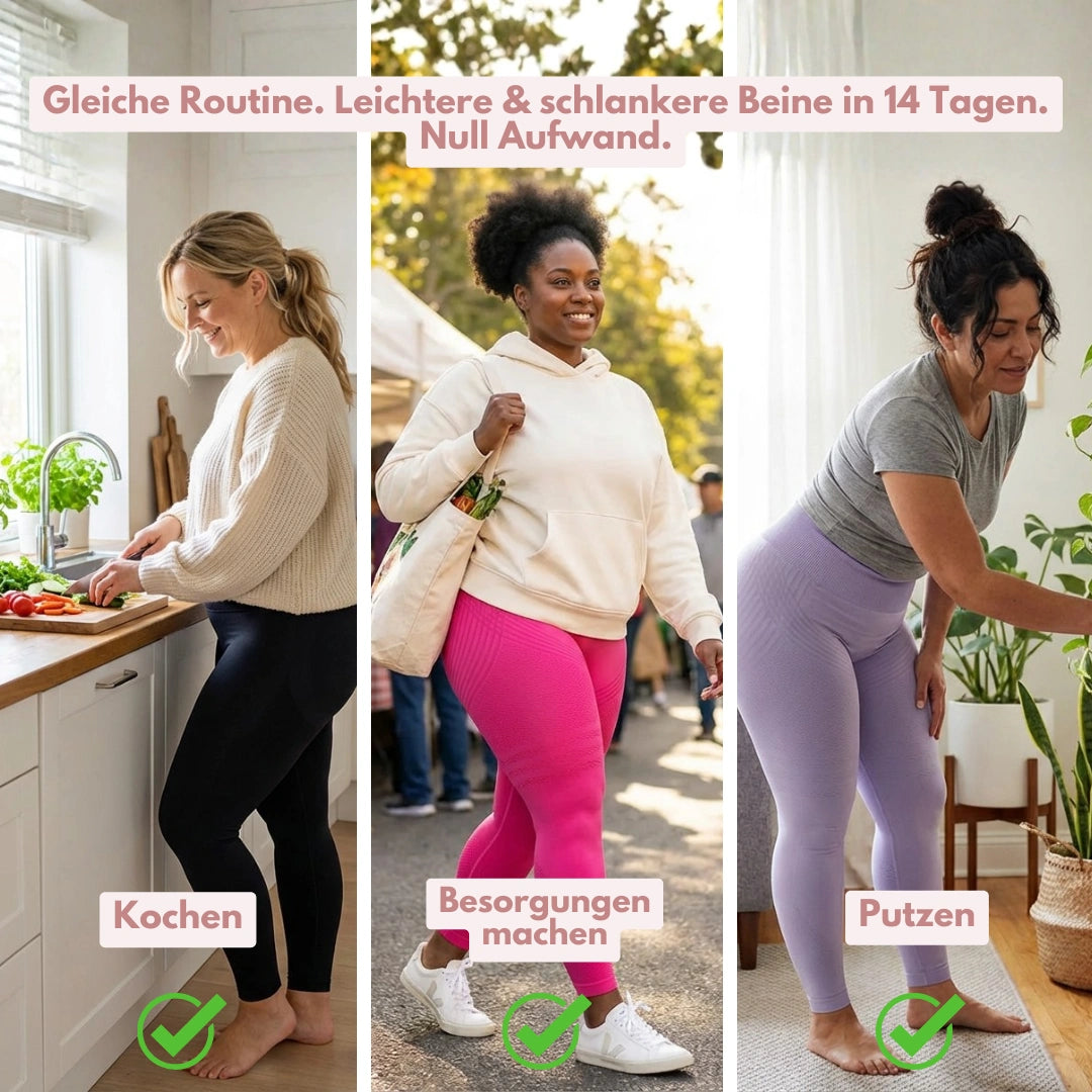 Dreifach-Collage: Frauen in schwarzen, pinken und lilafarbenen Leggings beim Kochen, Einkaufen und Putzen im Alltag. 15