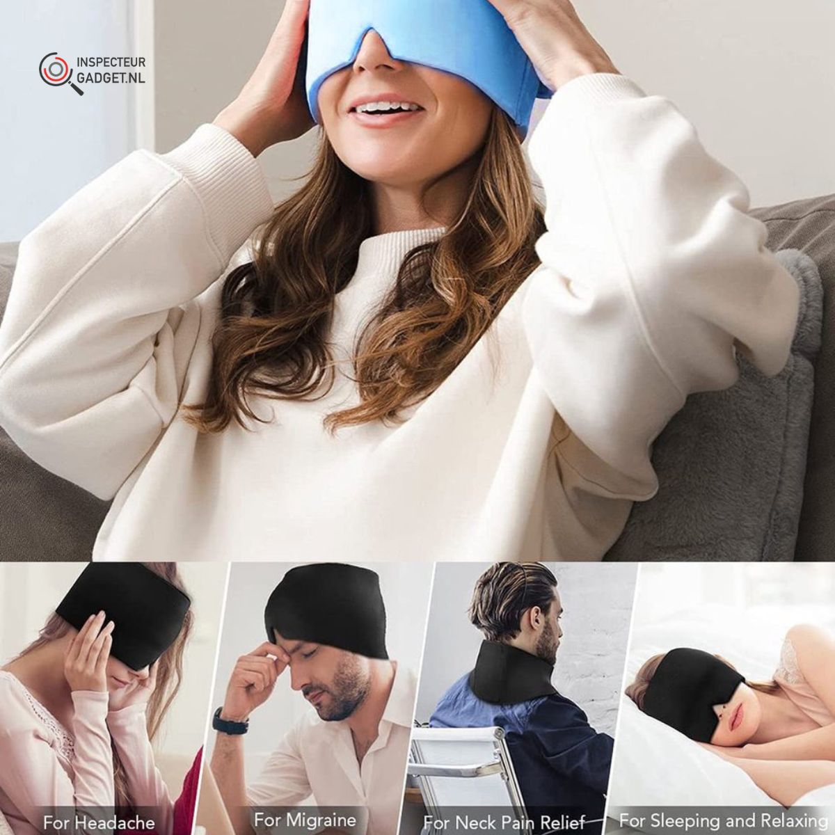 Frau mit blauer Schlafmaske, Kopfschmerz- und Migräne-Linderung, Entspannung, Schlafhilfe.