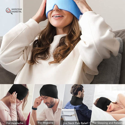 Frau mit blauer Schlafmaske, Kopfschmerz- und Migräne-Linderung, Entspannung, Schlafhilfe.