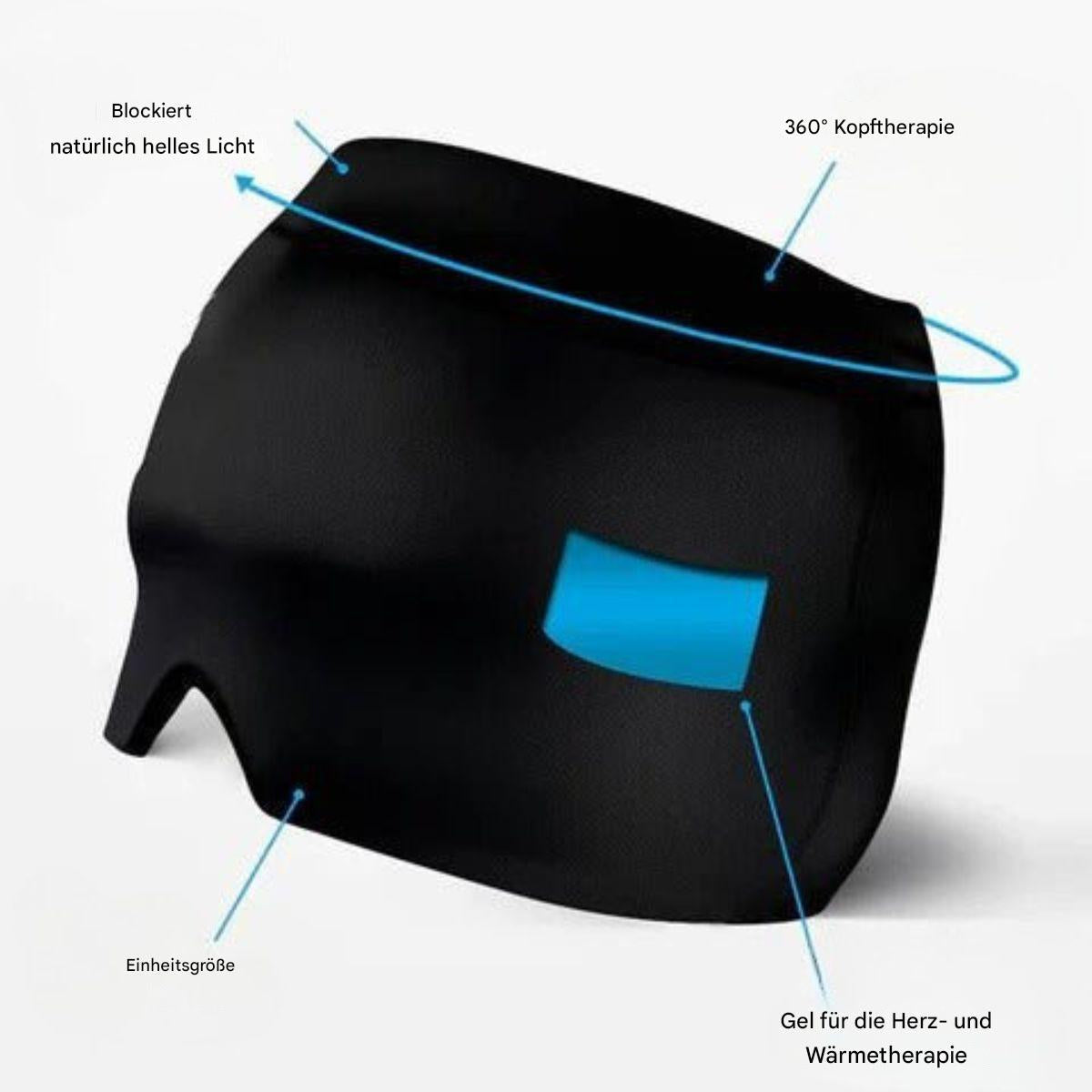 Schwarze Schlafmaske mit 360° Kopfterapie, blockiert Licht, Gel für Wärme- und Herztherapie.